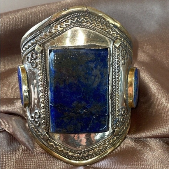 Tribal Lapis Lazuli Lajward Blue 3 Stone Cuff Southwestern Adjustable Cuff - Picture 1 of 12